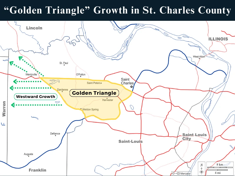 Map graphic of St. Charles County's Golden Triangle of growth with O'Fallon at its center
