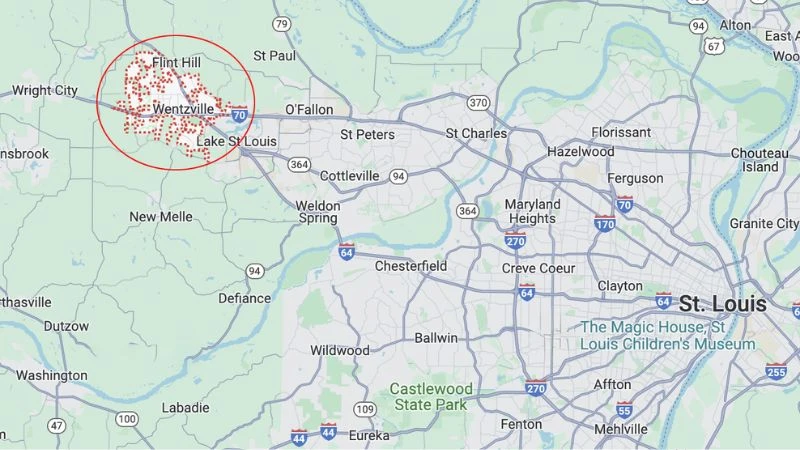 Map showing Wentzville circled at the western edge of the St. Louis metro along I-70