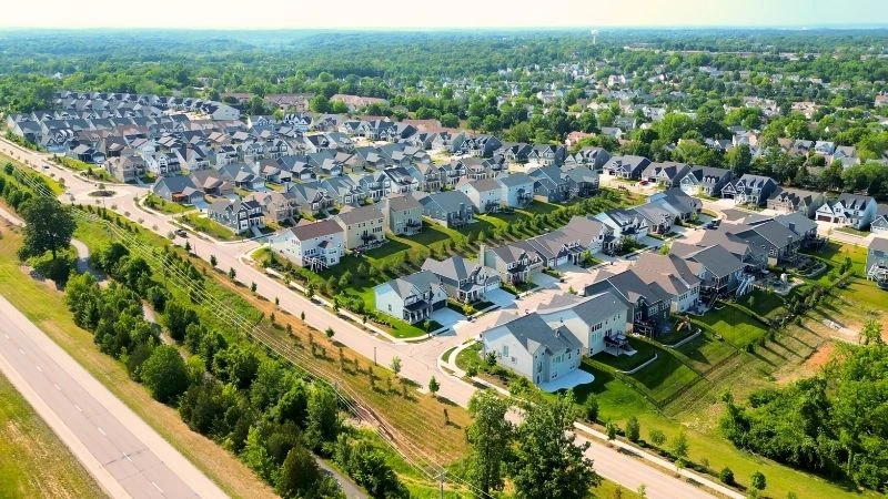 Aerial view of the Villages at Brightleaf subdivision in Wildwood, Missouri