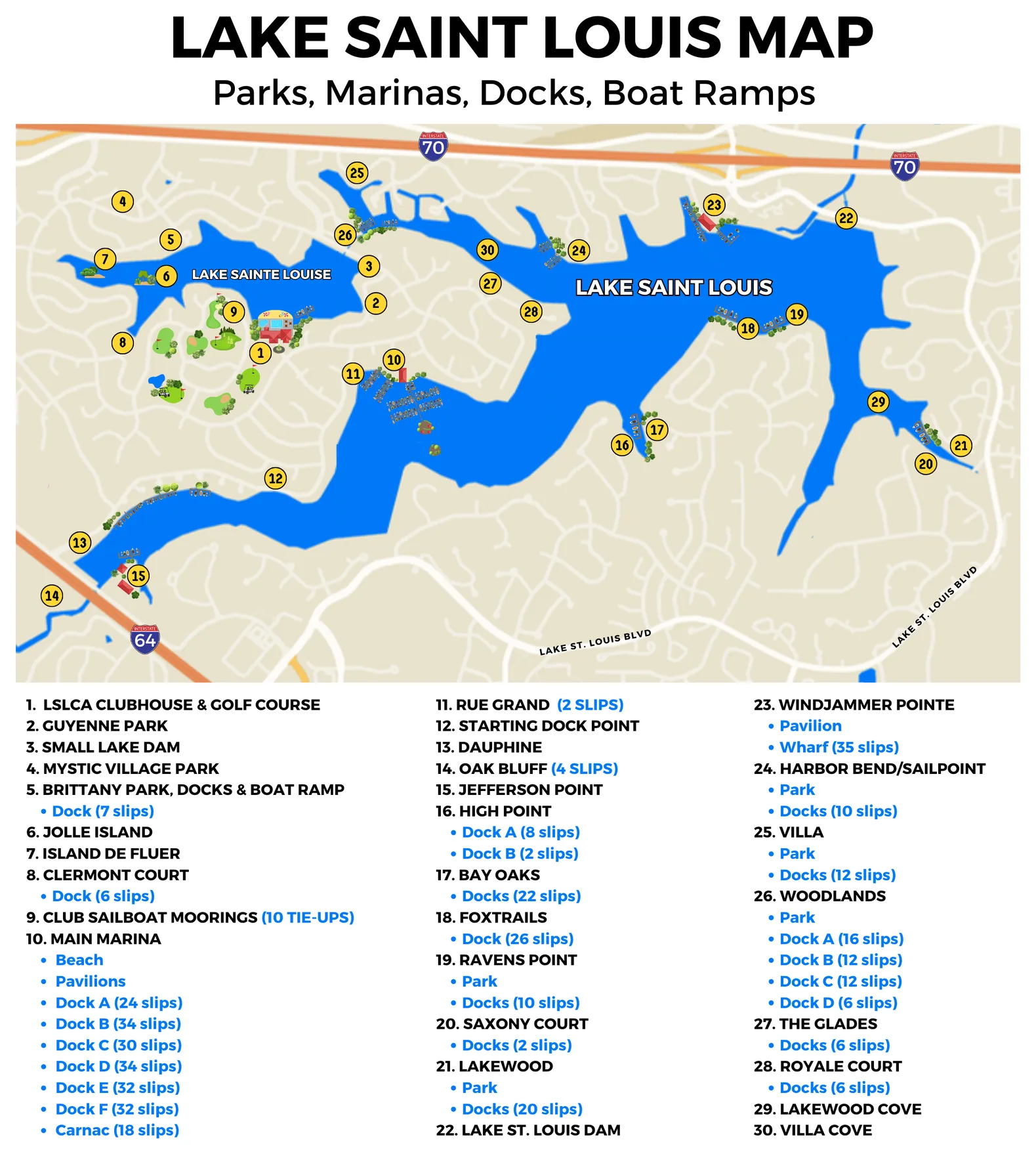Lake St. Louis map of docks, boat ramps, and parks