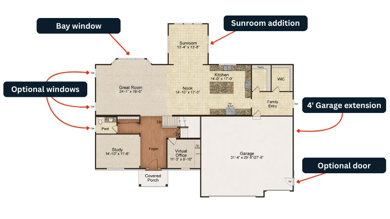 Structural upgrade modifications to a home floor plan