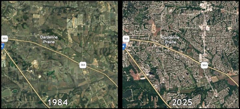 Satellite image comparing Dardenne Prairie, then and now.