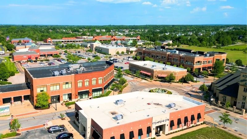 Aerial view of the brick shops and streets of Wildwood Town Center