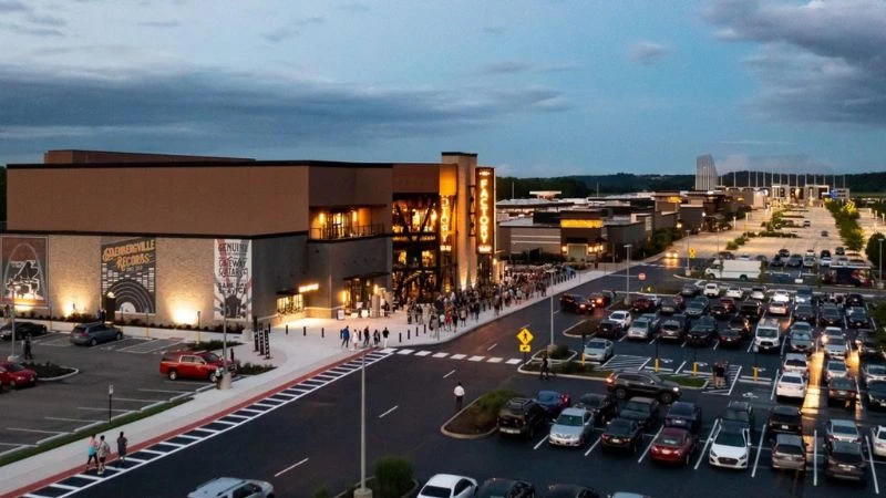 The District entertainment and retail development in Chesterfield Valley lit up at dusk