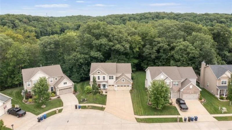 Aerial view of homes in Carlton Glen Estates backing onto woods