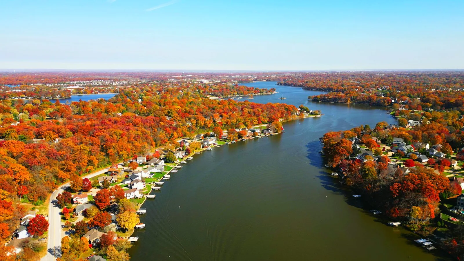 Autumn aerial of Lake St. Louis with Dauphine Estates on the left shoreline