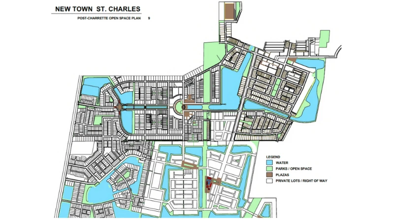 Map of the canals and lakes running through New Town at St. Charles