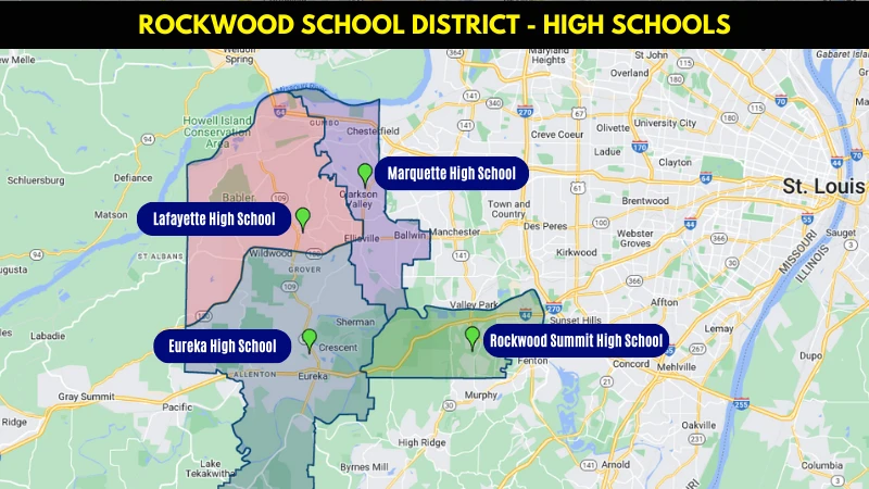 Map of the Rockwood School District showing the attendance areas for Lafayette, Marquette, Eureka and Rockwood Summit high schools
