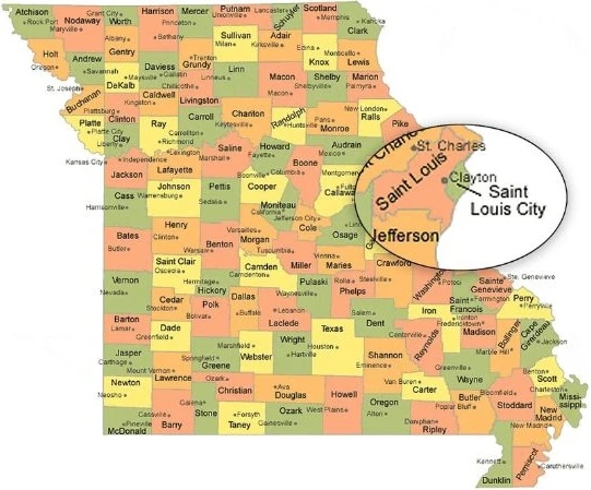 Map of Missouri's counties with a callout enlarging the St. Louis area, showing Clayton inside St. Louis County and the separate City of St. Louis beside it