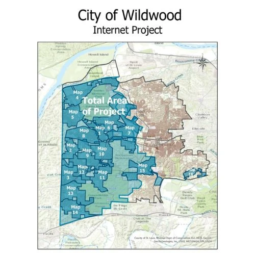 City of Wildwood Internet Project map showing the 16 shaded districts covered by the build-out