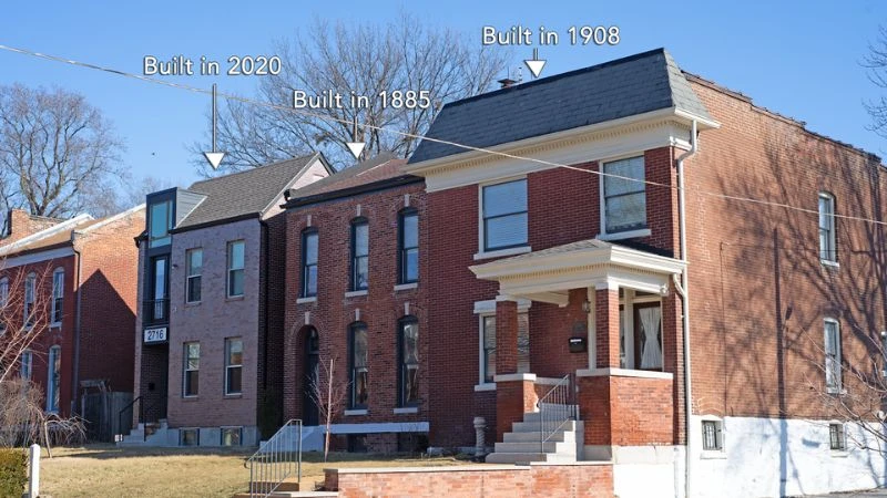 A row of Benton Park houses with their build years annotated, from an 1880s brick townhouse to a 2000s infill home