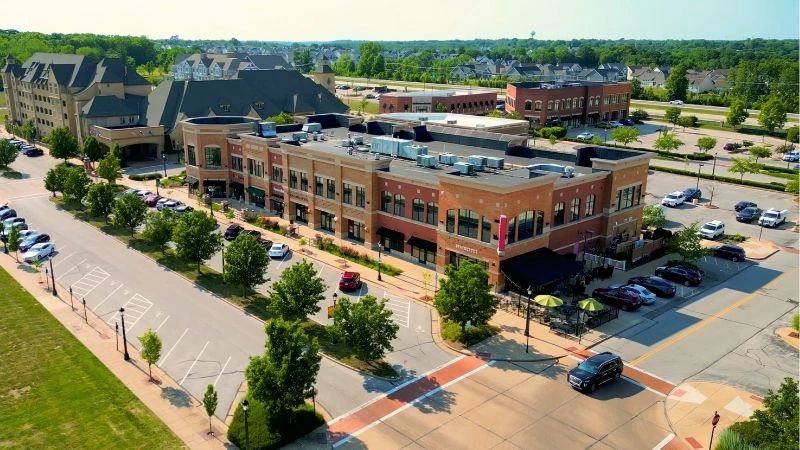 Aerial view of the shopfronts and parking at Wildwood Town Center