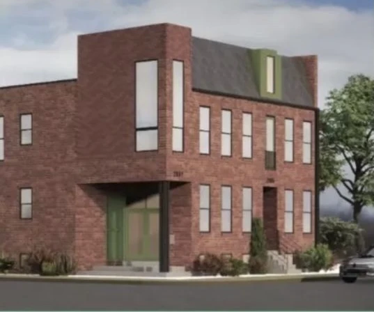 An architect's rendering of a modern red-brick house with green doors, proposed for the corner of Indiana Avenue and Pestalozzi