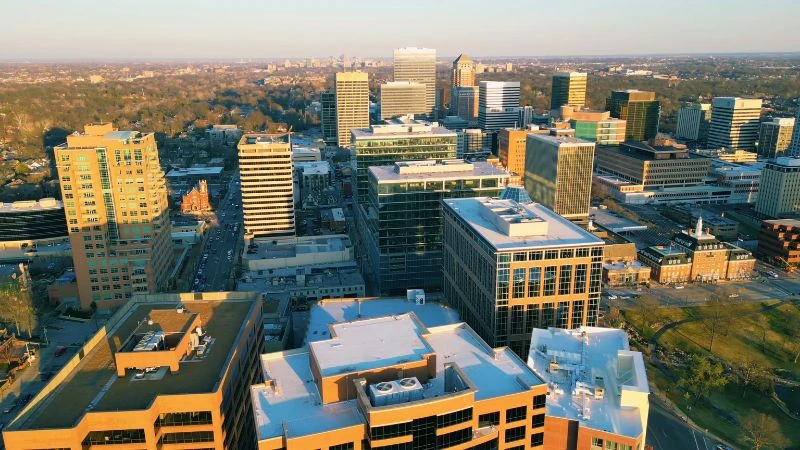 Aerial view of the office towers and mid-rise buildings of downtown Clayton