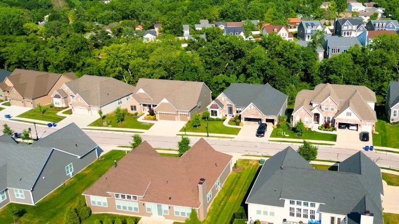 Aerial view of villa-style homes in the Villages at Brightleaf neighborhood in Wildwood