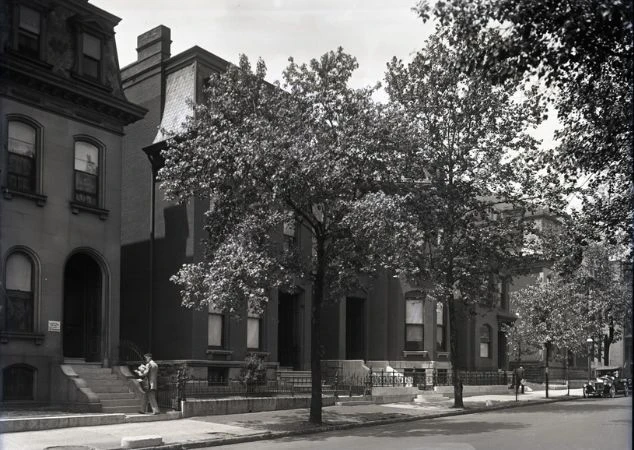 Archive photograph of a tree-lined Lafayette Square street in its Victorian heyday