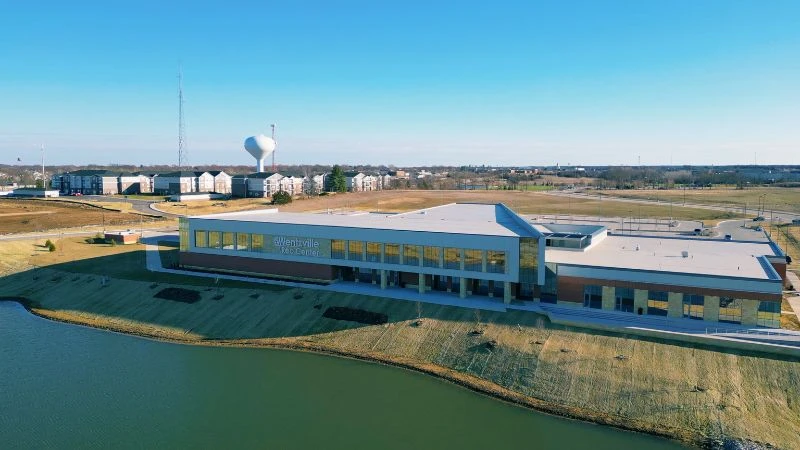 Aerial view of the Wentzville Rec Center beside its lake