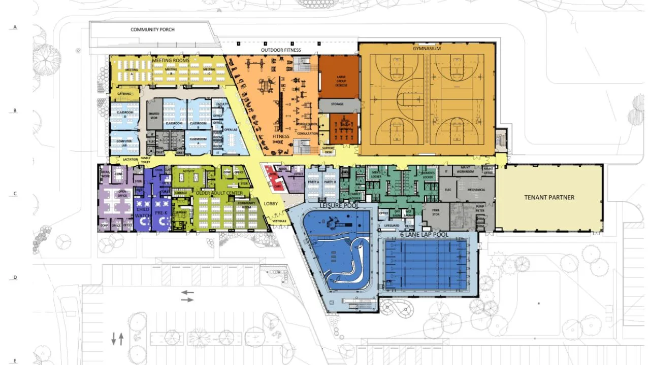 Color-coded floorplan of the Wentzville Rec Center showing its gyms, pools and fitness areas