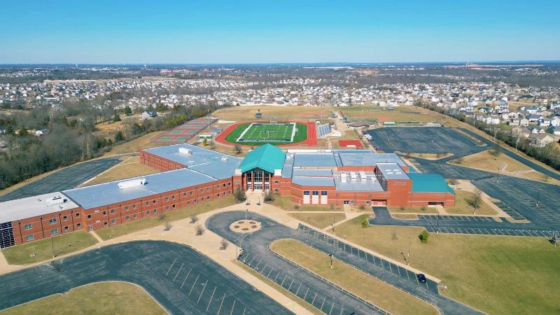 Aerial view of Timberland High School and its athletic fields in Wentzville