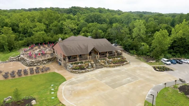 Aerial view of The Quarry Wine Garden and its patio in Wentzville