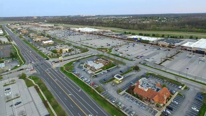 Aerial view of the Chesterfield Commons shopping district along Chesterfield Airport Road