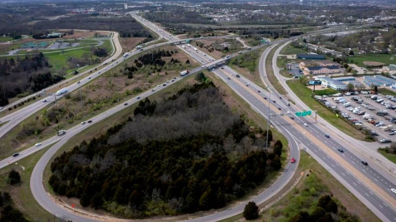 Aerial view of the I-70 and I-64 interchange at Wentzville