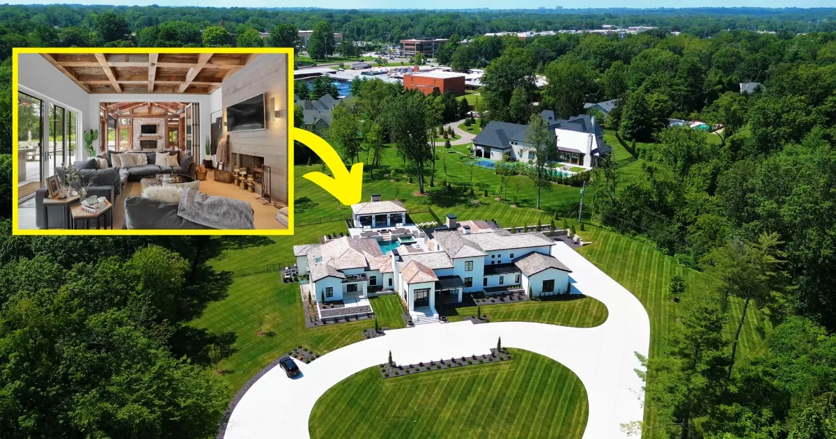 Aerial view of a Ladue mansion and its circular drive, with an inset photo of the timber-beamed great room inside