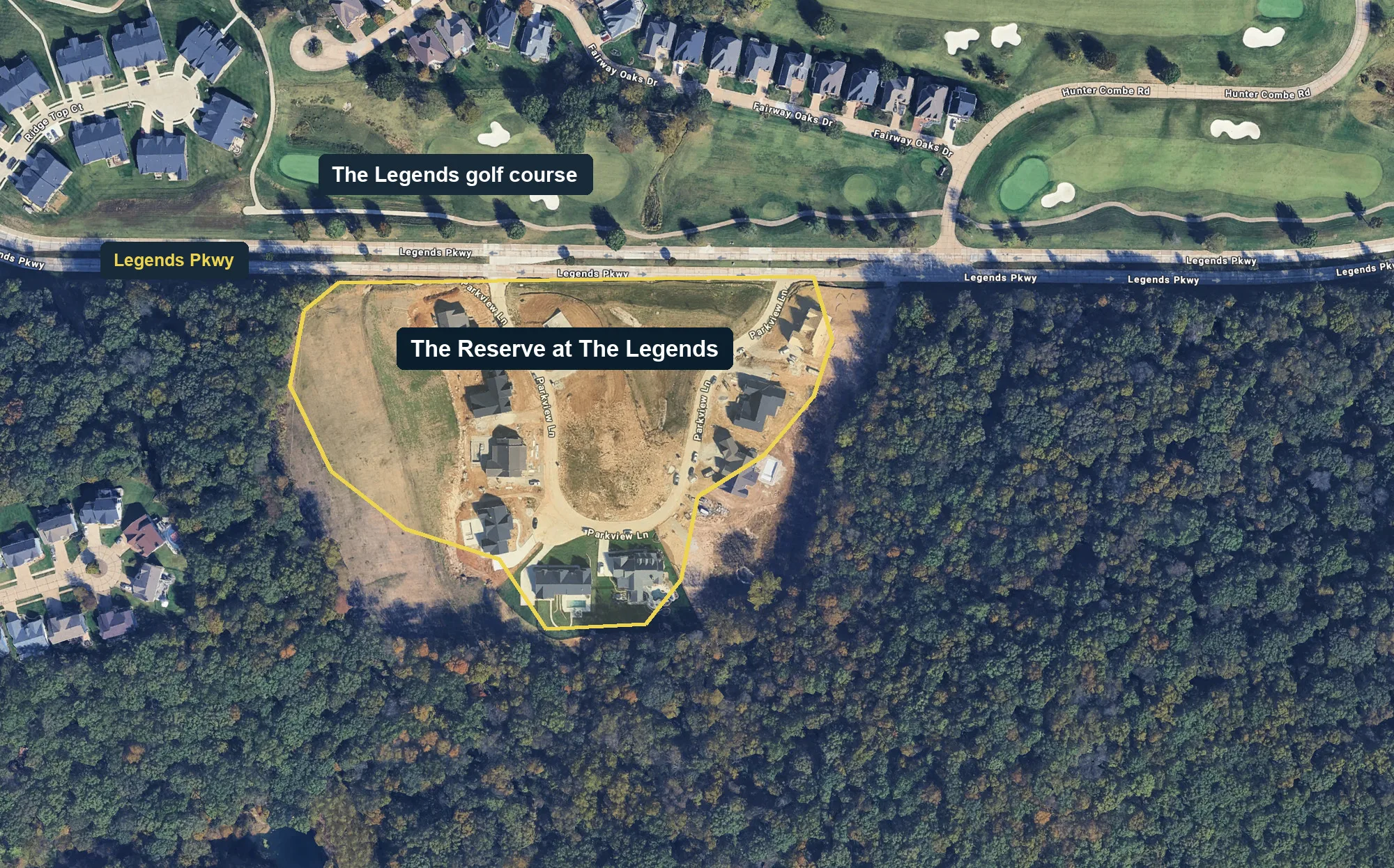 Aerial view of The Reserve at The Legends under construction on Parkview Lane, with the graded lots outlined and the Legends golf course across Legends Parkway to the north