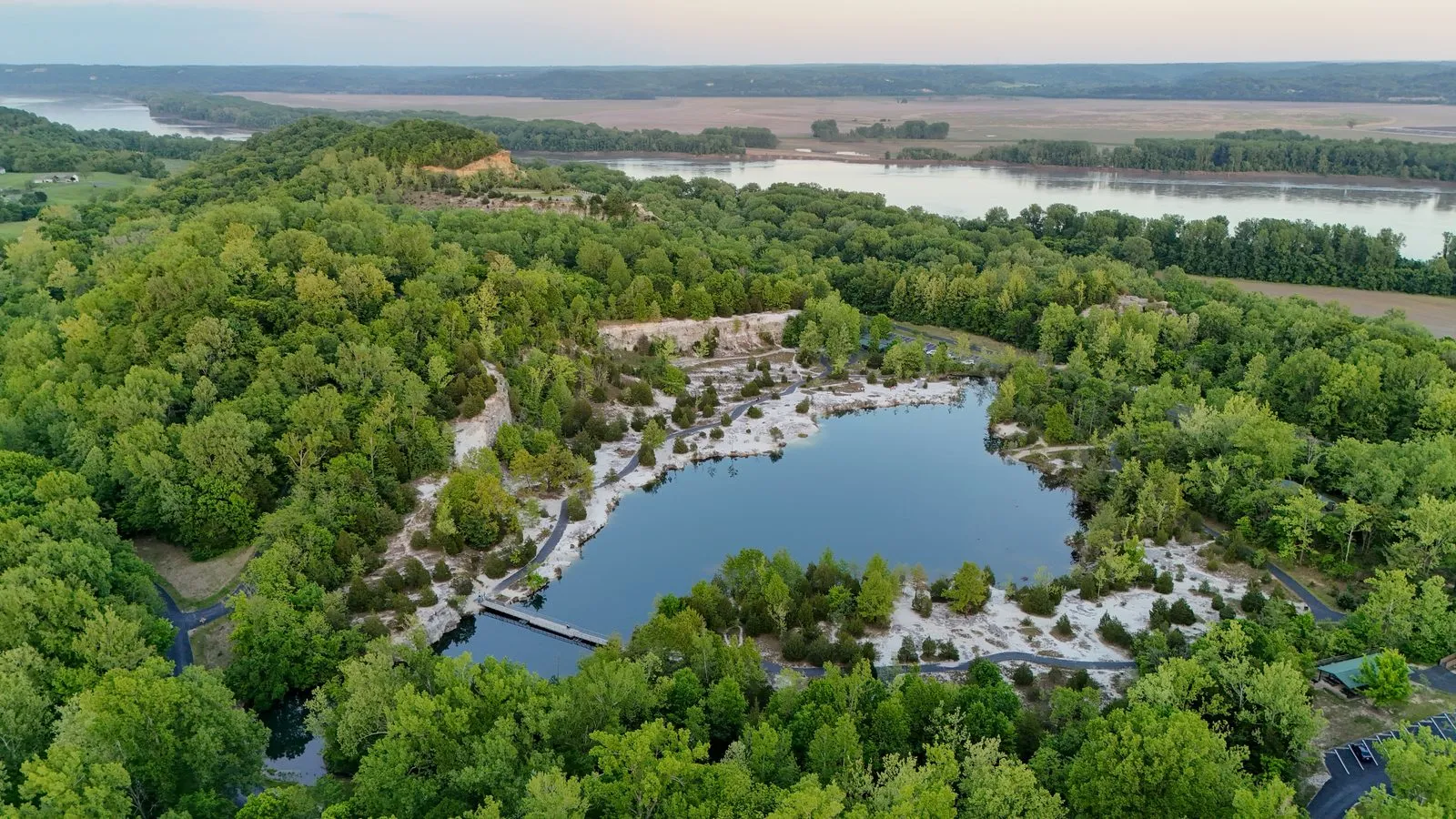 Aerial view of the lake and white sand beach at Klondike Park near Augusta, Missouri