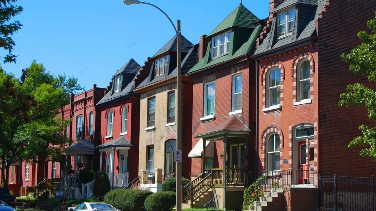 Brick townhouses on a residential street in Tower Grove East, St. Louis