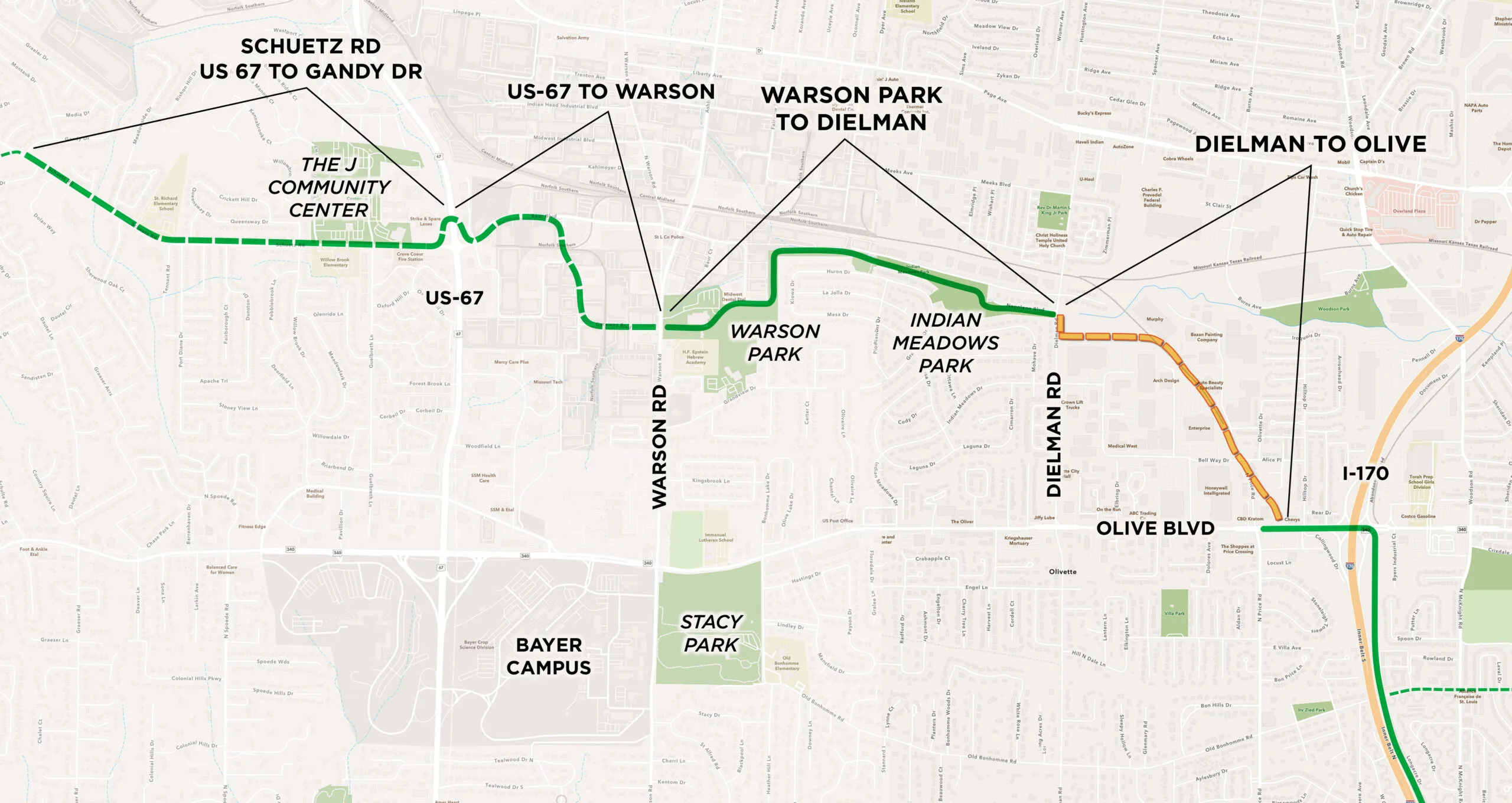 Route map of the Centennial Greenway through University City, tracing its path from Schuetz Road and Warson Park south toward Olive Boulevard and Dielman
