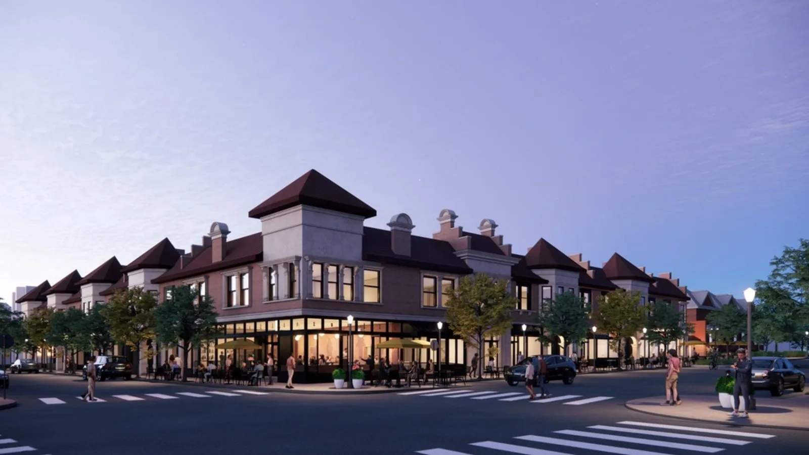 Architect's rendering of the planned redevelopment of the historic corner building on Euclid Avenue in the Central West End, shown at dusk with sidewalk cafe seating