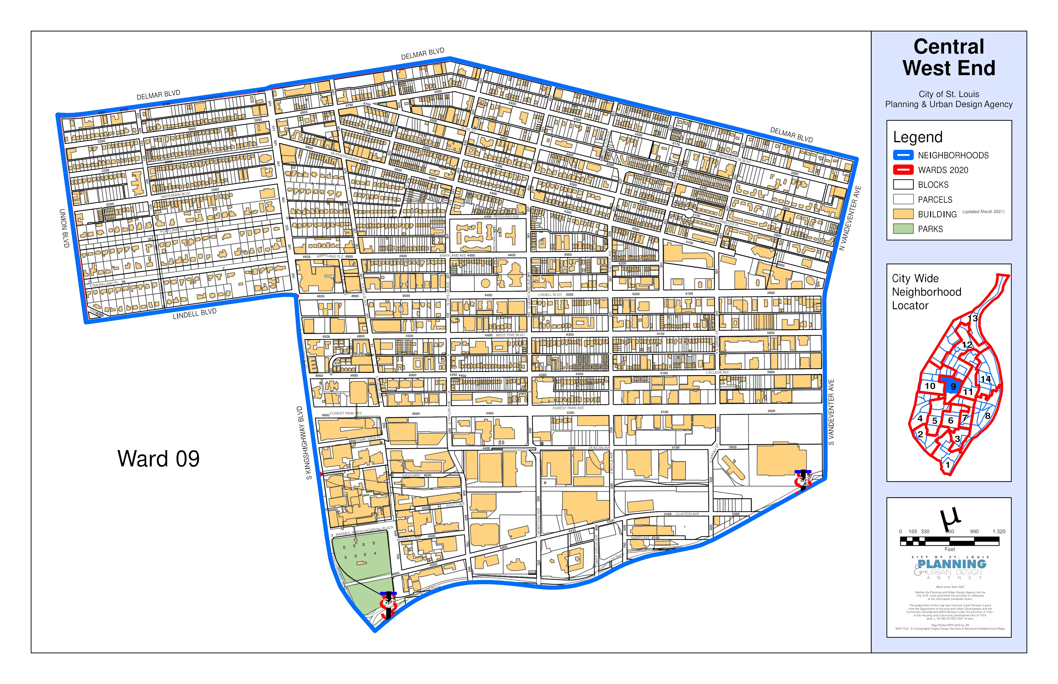 Official City of St. Louis map outlining the Central West End neighborhood and its streets