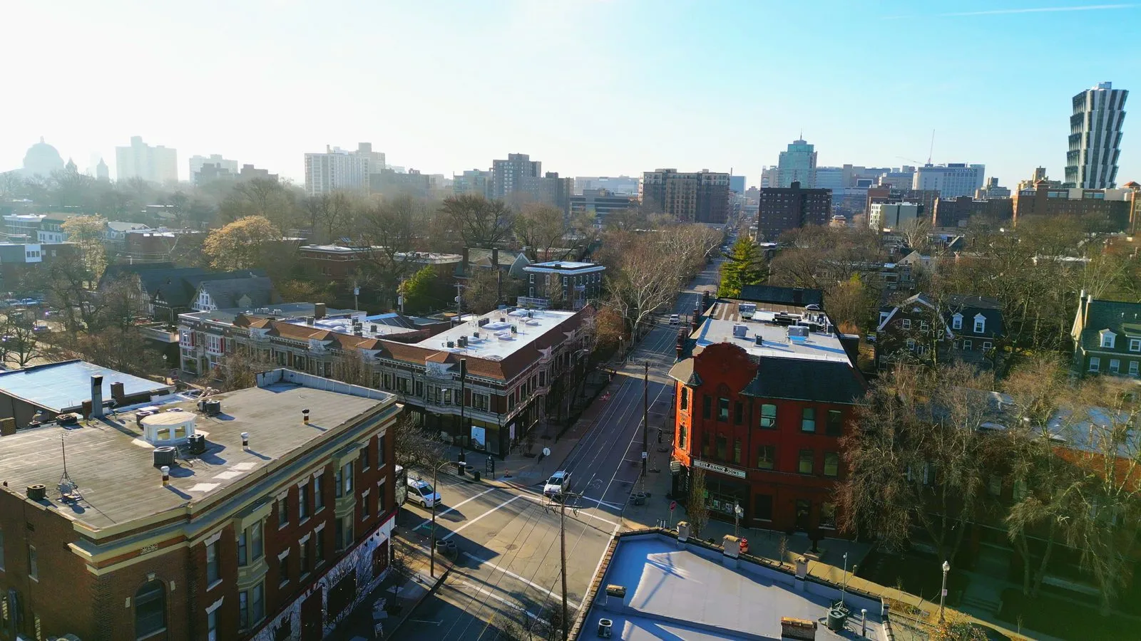 Aerial view of Euclid Avenue in the Central West End, St. Louis, looking along the shops and restaurants at Writers Corner