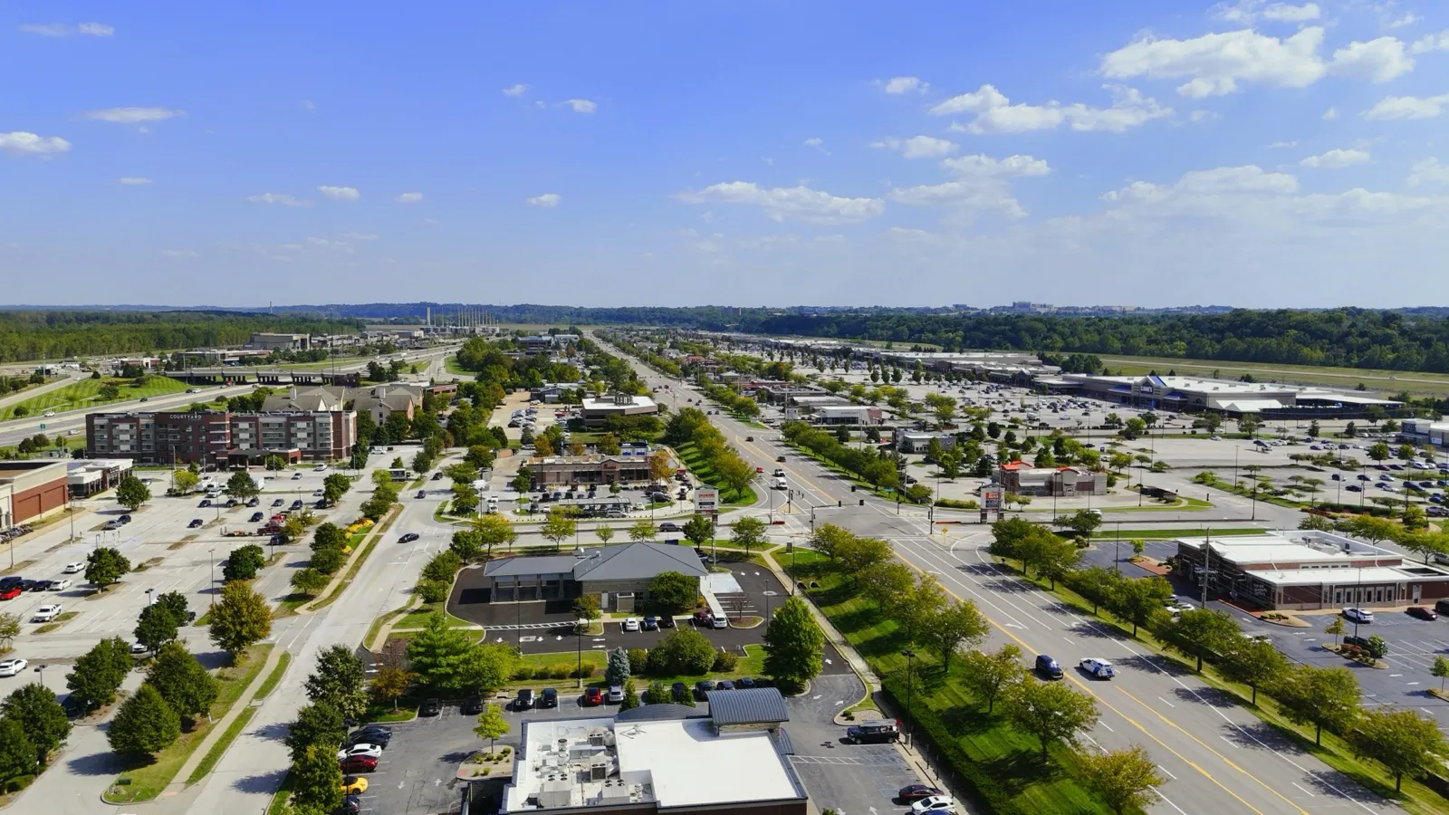 Aerial view looking east over Chesterfield Valley along Chesterfield Airport Road in Chesterfield, Missouri