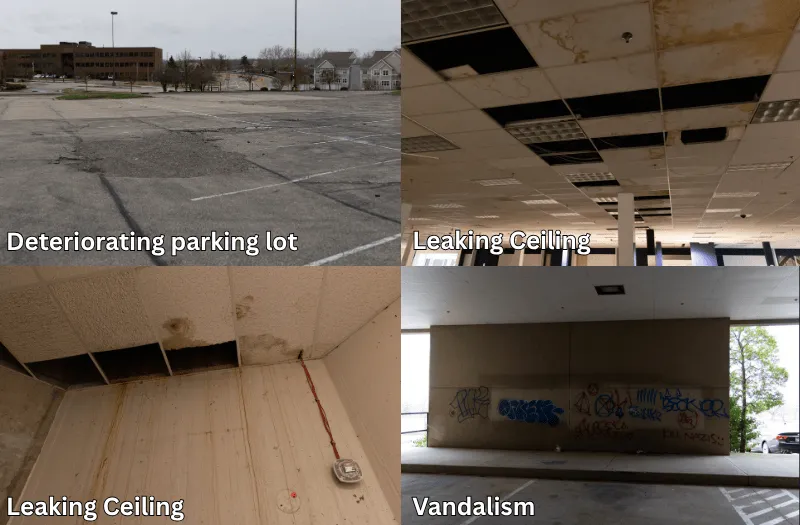 Four photographs of Chesterfield Mall in disrepair: a deteriorating parking lot, two leaking ceilings and graffiti