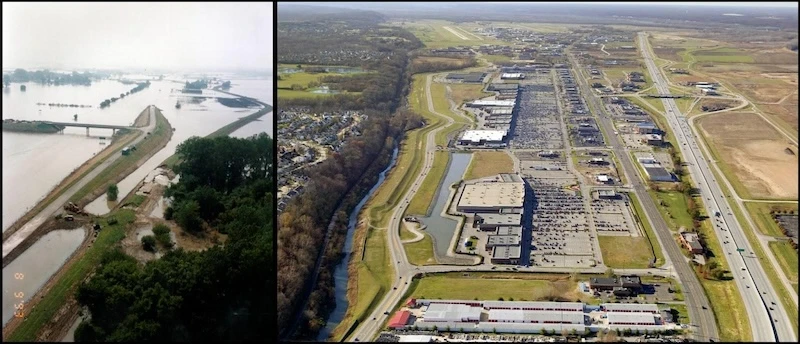 Chesterfield Valley under floodwater in 1993 beside an aerial of the same valley rebuilt as retail and offices