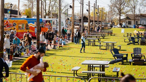 Food trucks and the egg-hunt lawn before the Cottleville Easter Egg Hunt begins
