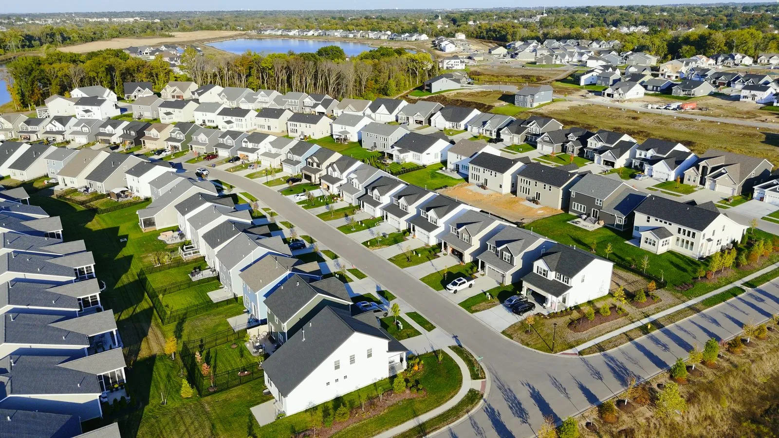 Aerial view of rows of homes in a St. Charles County neighborhood