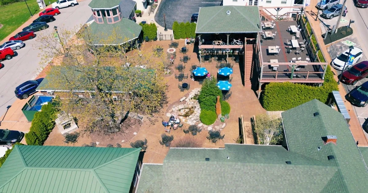 Aerial view of the Cottleville Wine Seller's patio, pergola and upper deck in Old Town Cottleville