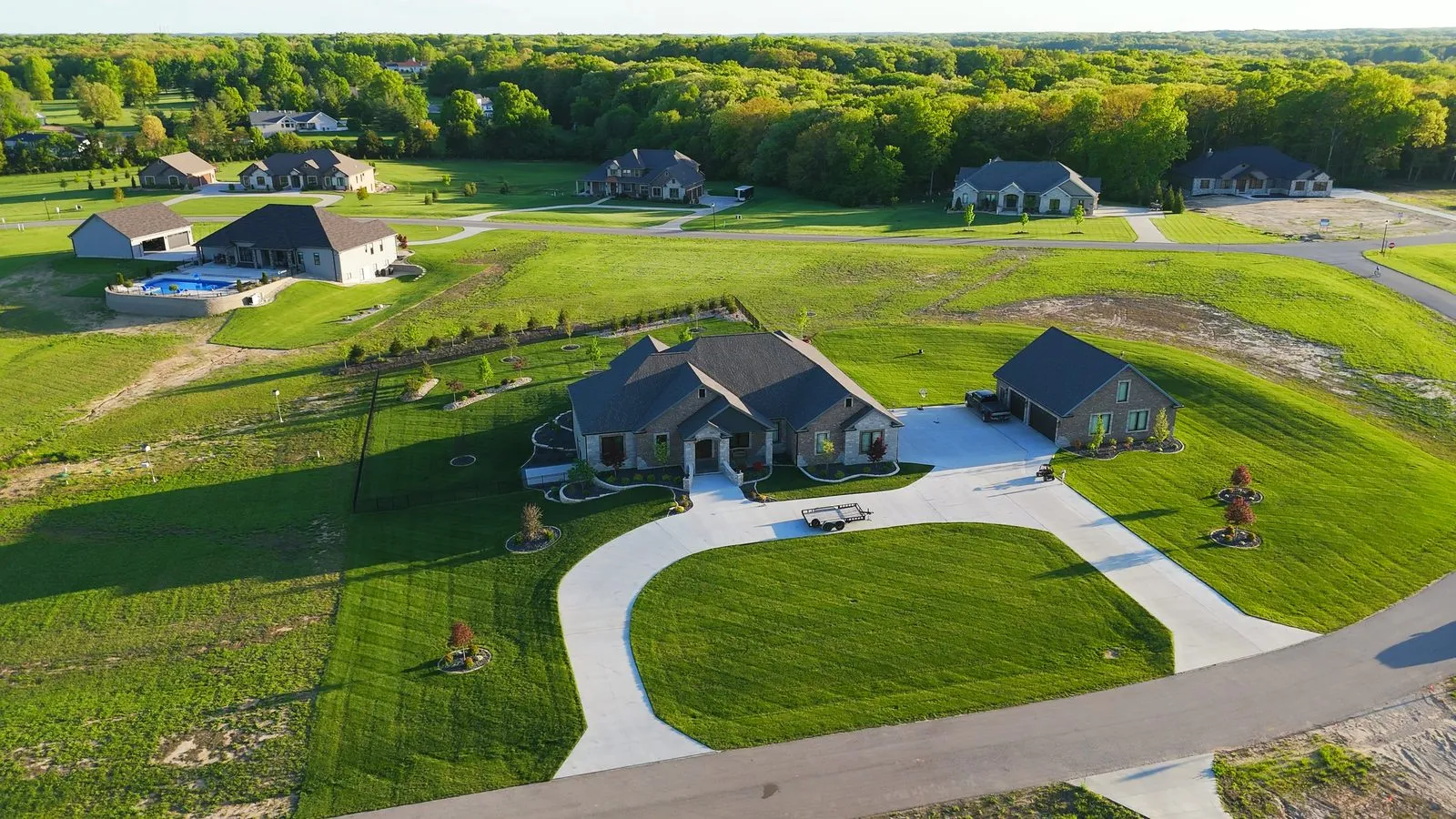 Aerial view of a newer home on a multi-acre lot in Kohler Estates in Defiance, Missouri