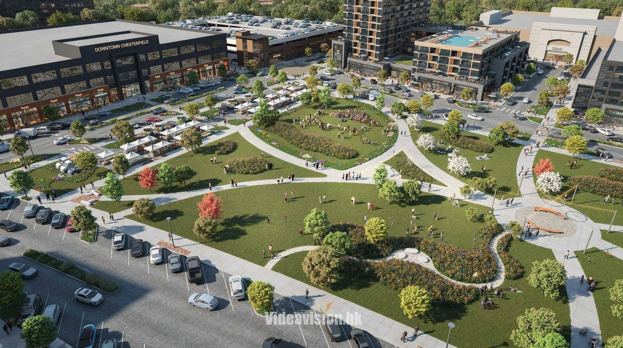Aerial rendering of the central park at Downtown Chesterfield with an open lawn, market stalls, flower beds and a play area, framed by the Downtown Chesterfield retail block and a residential tower