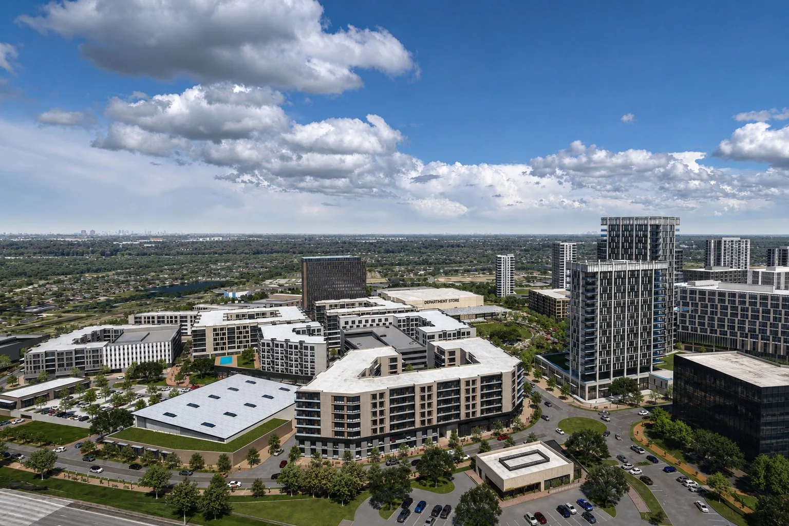 Aerial rendering of the Downtown Chesterfield redevelopment at full buildout, showing the central park, streets and surrounding buildings