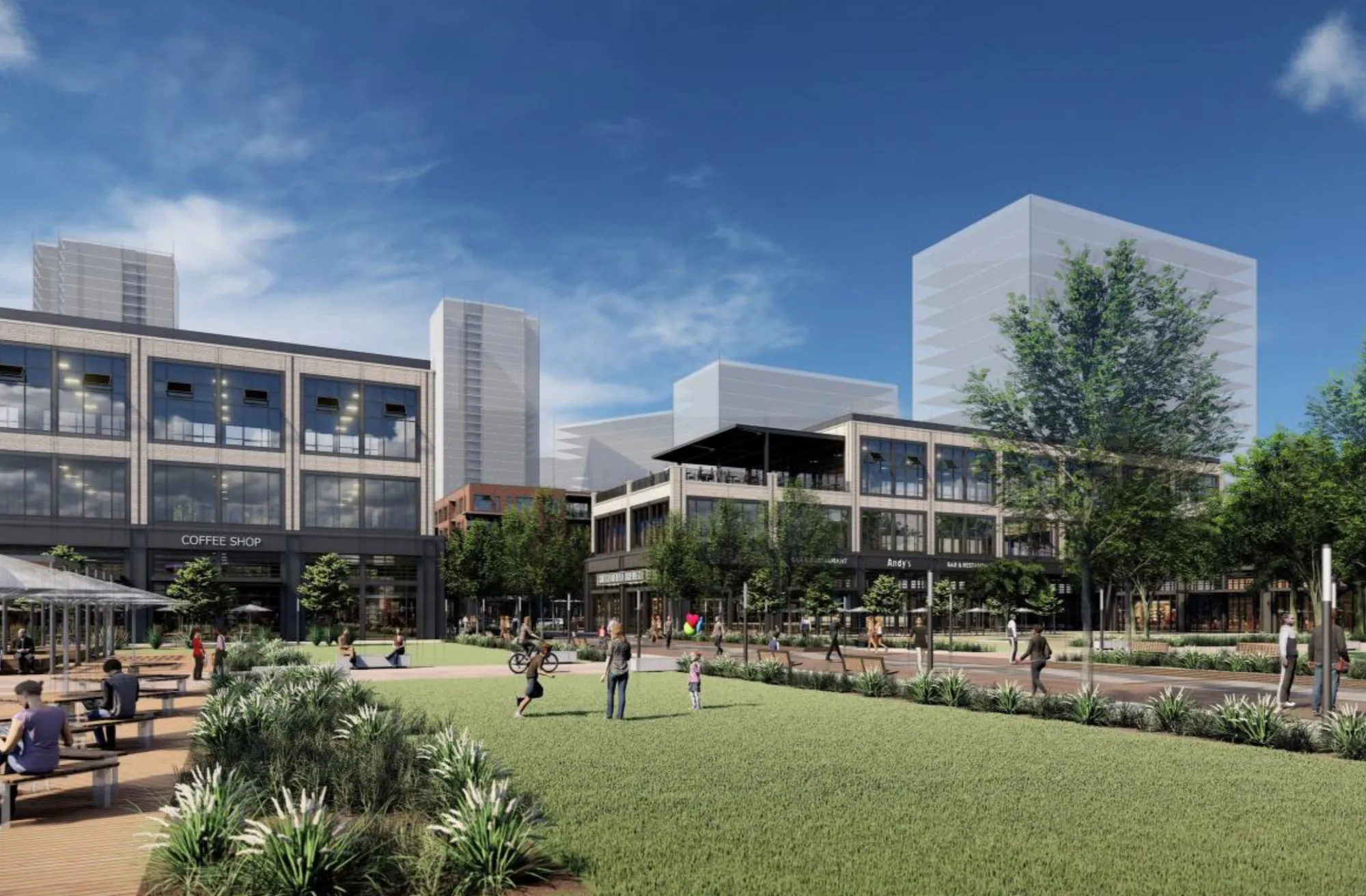 Rendering of the public green at Downtown Chesterfield with people on the lawn and buildings framing it