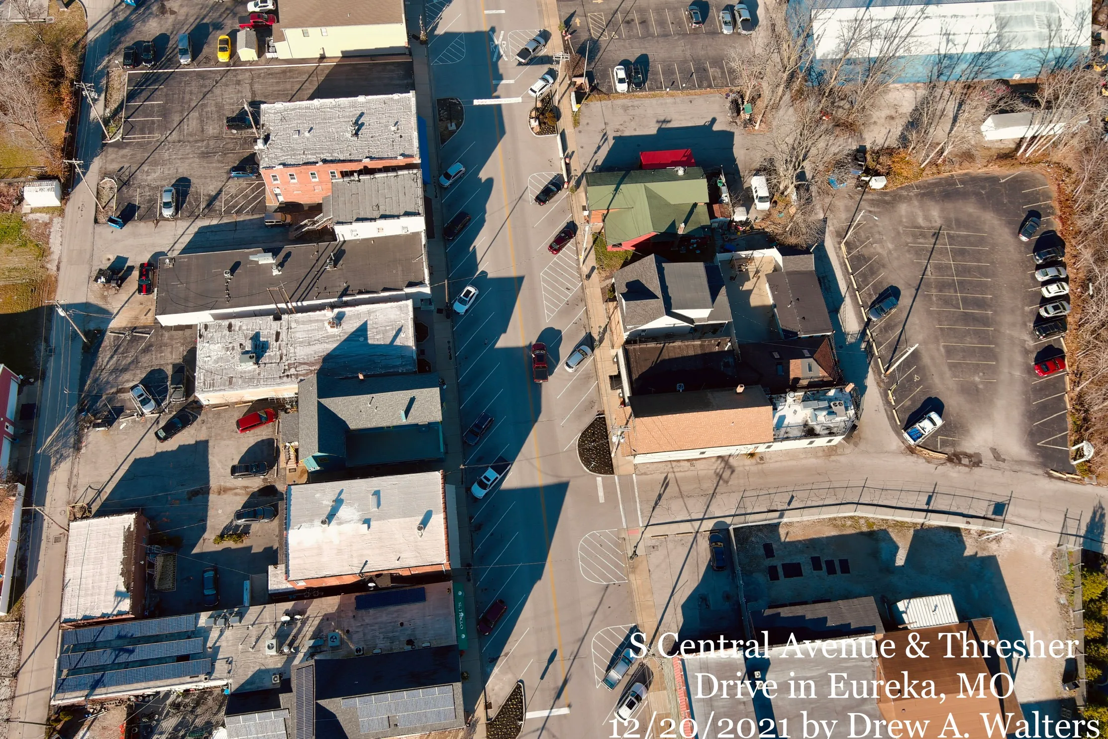 Aerial view of Central Avenue in Old Towne Eureka in December 2021