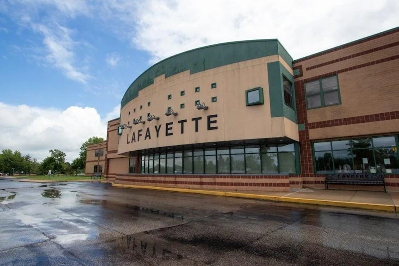 Exterior of Lafayette High School in Chesterfield after rain