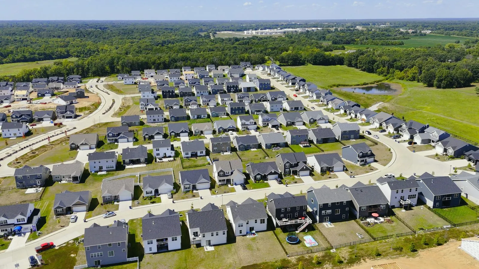 Aerial view of new homes built by McBride Homes in the Liberty neighborhood of Foristell, Missouri