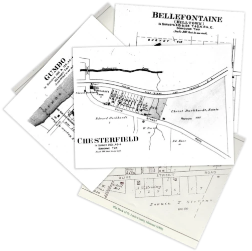 Historic plat maps of the Chesterfield, Bellefontaine and Gumbo townships from an early St. Louis County plat book