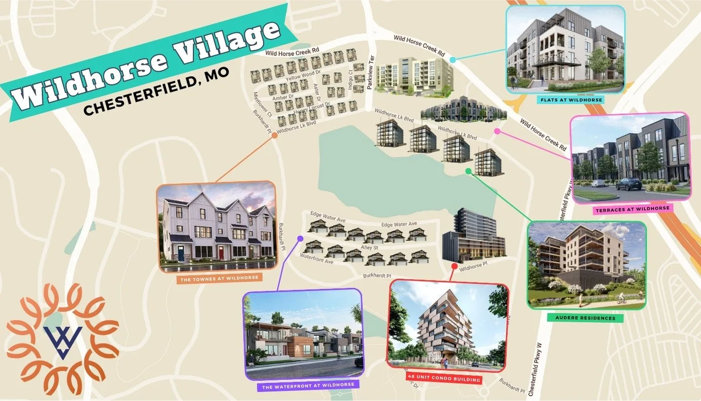 Illustrated map of Wildhorse Village showing the Flats, Terraces, Townes, Waterfront and Audere Residences around the lake