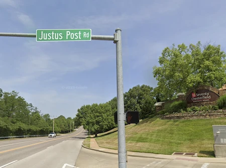 Justus Post Road street sign at the entrance to the Seventy Chesterfield subdivision